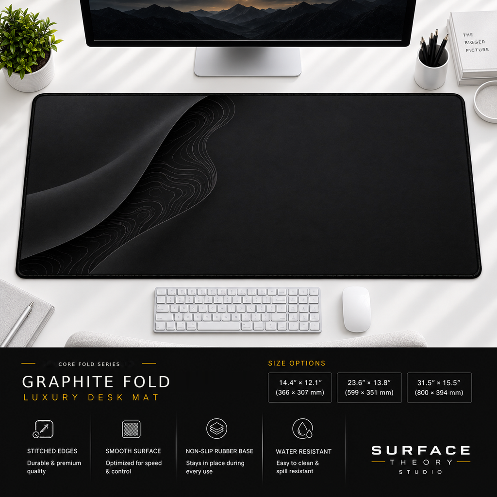 Graphite Fold desk mat beneath a monitor on a bright desk with a white keyboard and mouse.