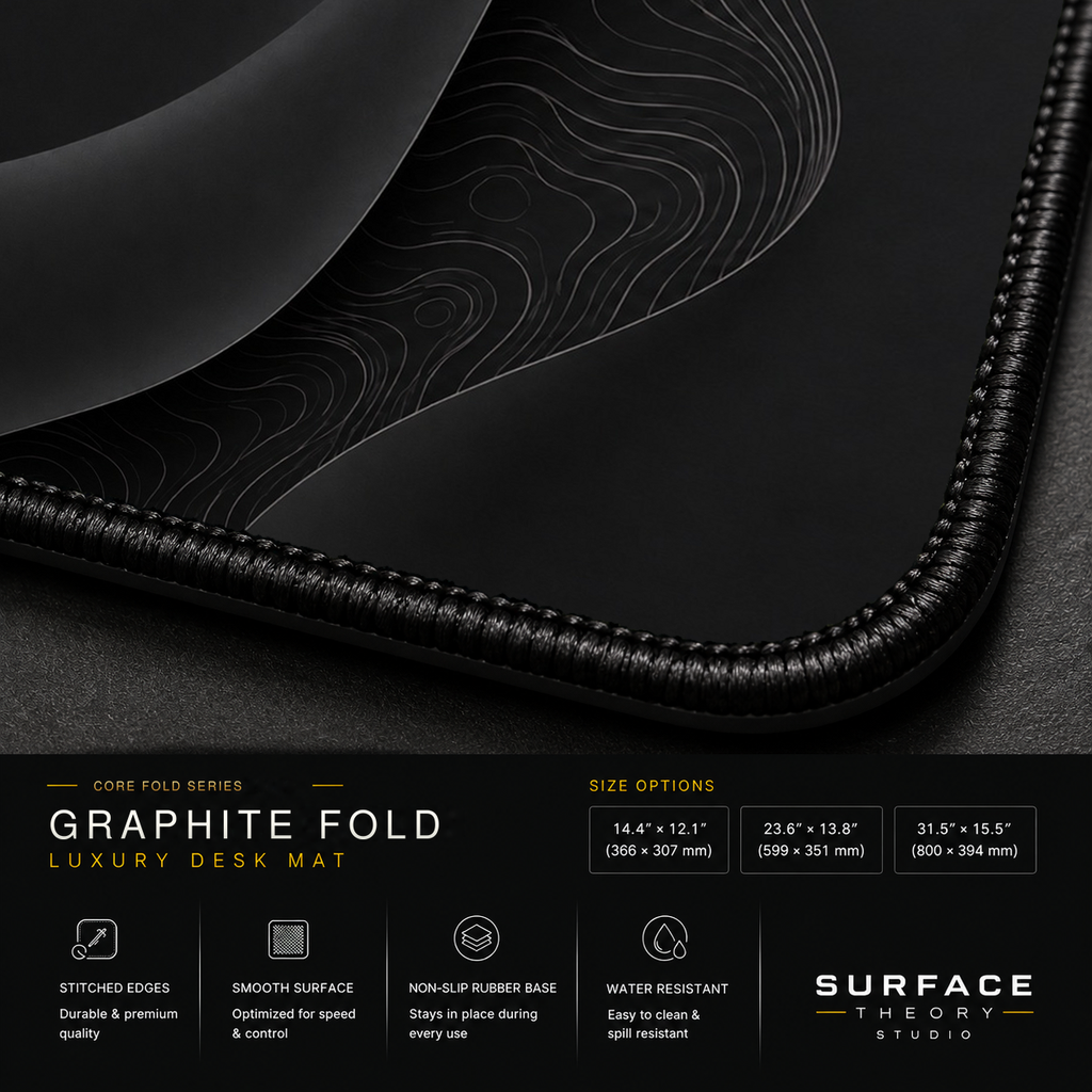 Close-up of Graphite Fold printed artwork and black stitched corner.