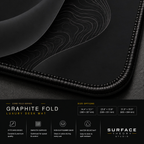 Close-up of Graphite Fold printed artwork and black stitched corner.