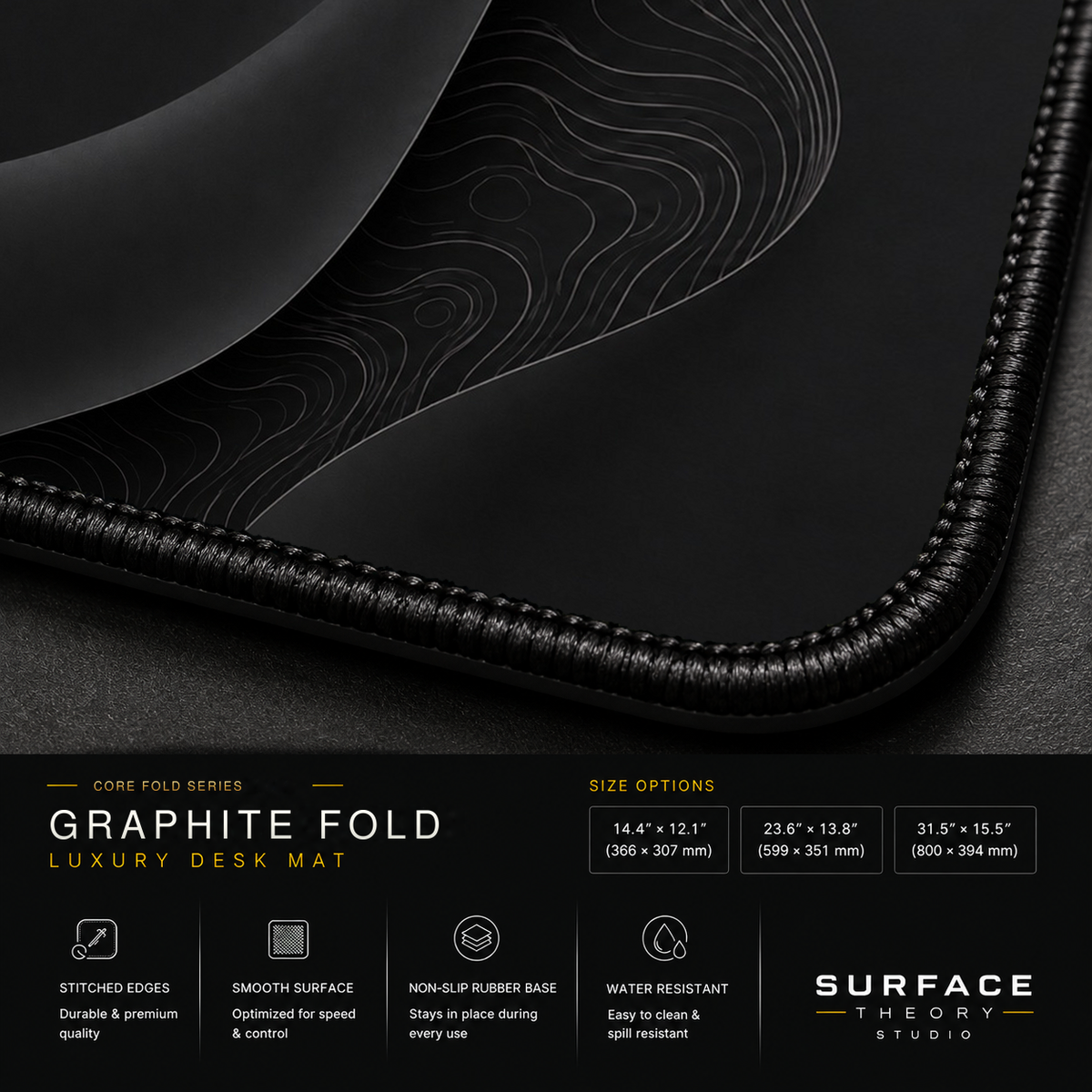 Close-up of Graphite Fold printed artwork and black stitched corner.