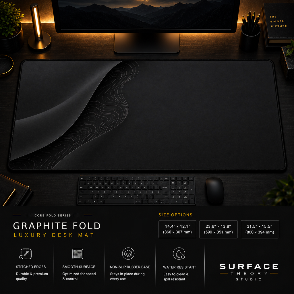 Graphite Fold desk mat in a dark workstation with warm monitor lighting.