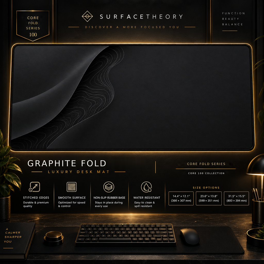 Graphite Fold desk mat in a gold-toned showcase frame above a keyboard.