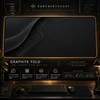 Graphite Fold desk mat in a gold-toned showcase frame above a keyboard.