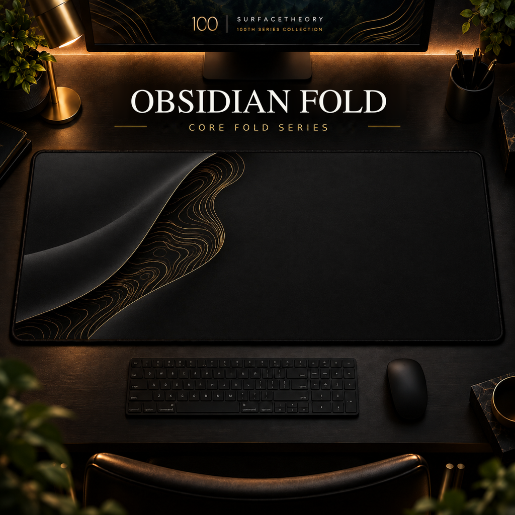 Obsidian Fold desk mat with a sweeping curve and fine contours along the left in a warm, dark workspace.