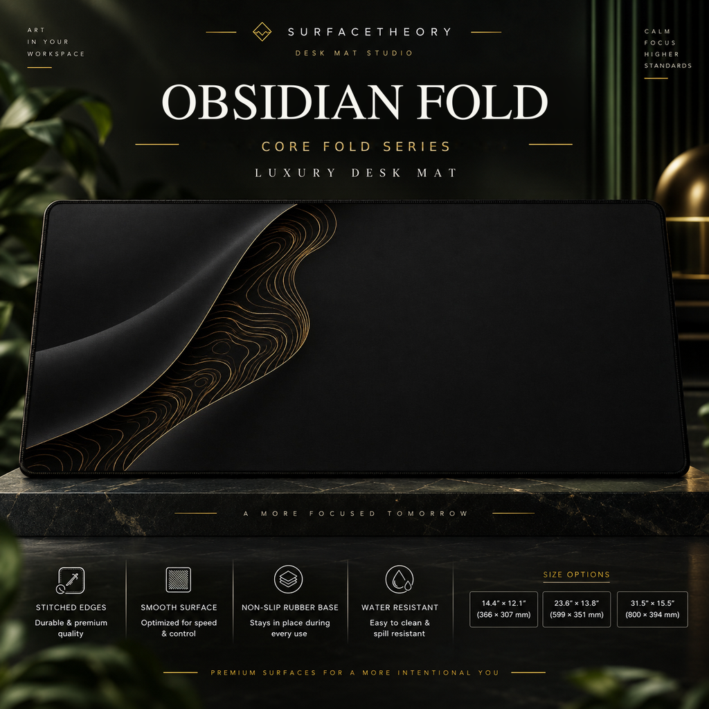 Obsidian Fold desk mat on a studio display with size and product information.