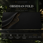 Obsidian Fold desk mat on a studio display with size and product information.