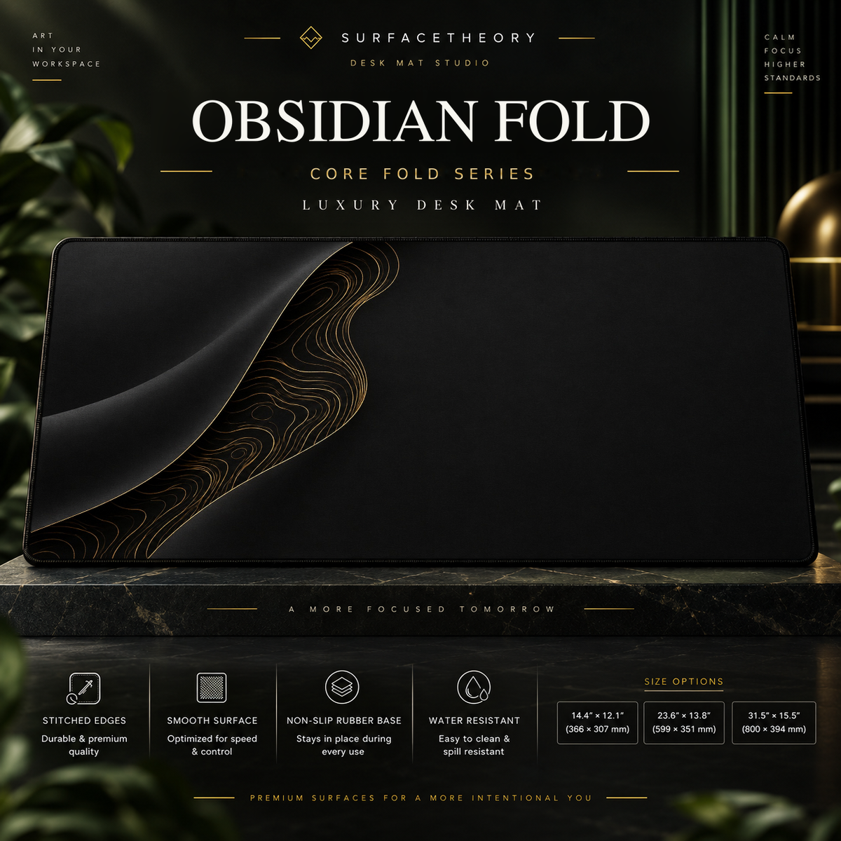 Obsidian Fold desk mat on a studio display with size and product information.