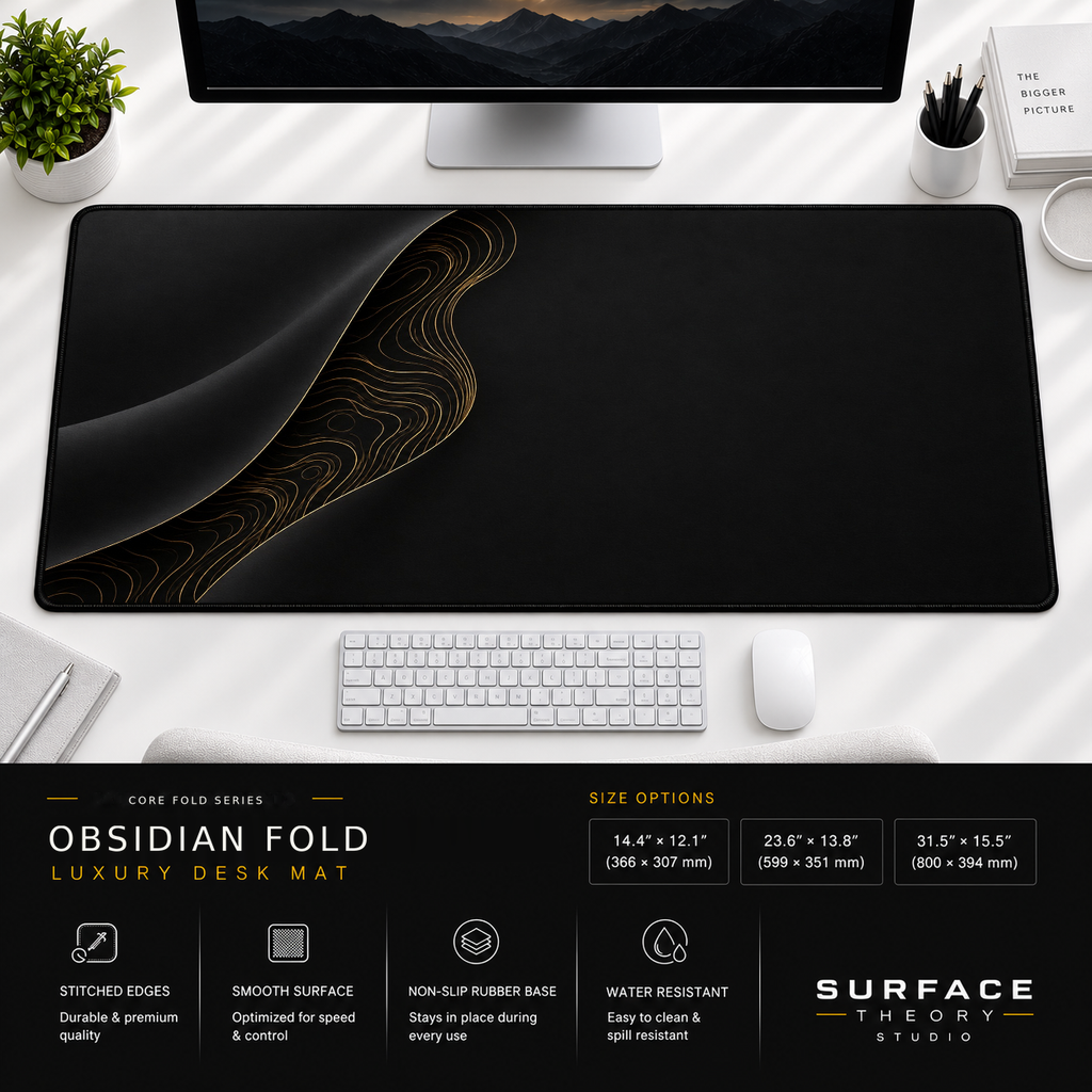 Obsidian Fold desk mat beneath a monitor on a bright desk with a white keyboard and mouse.