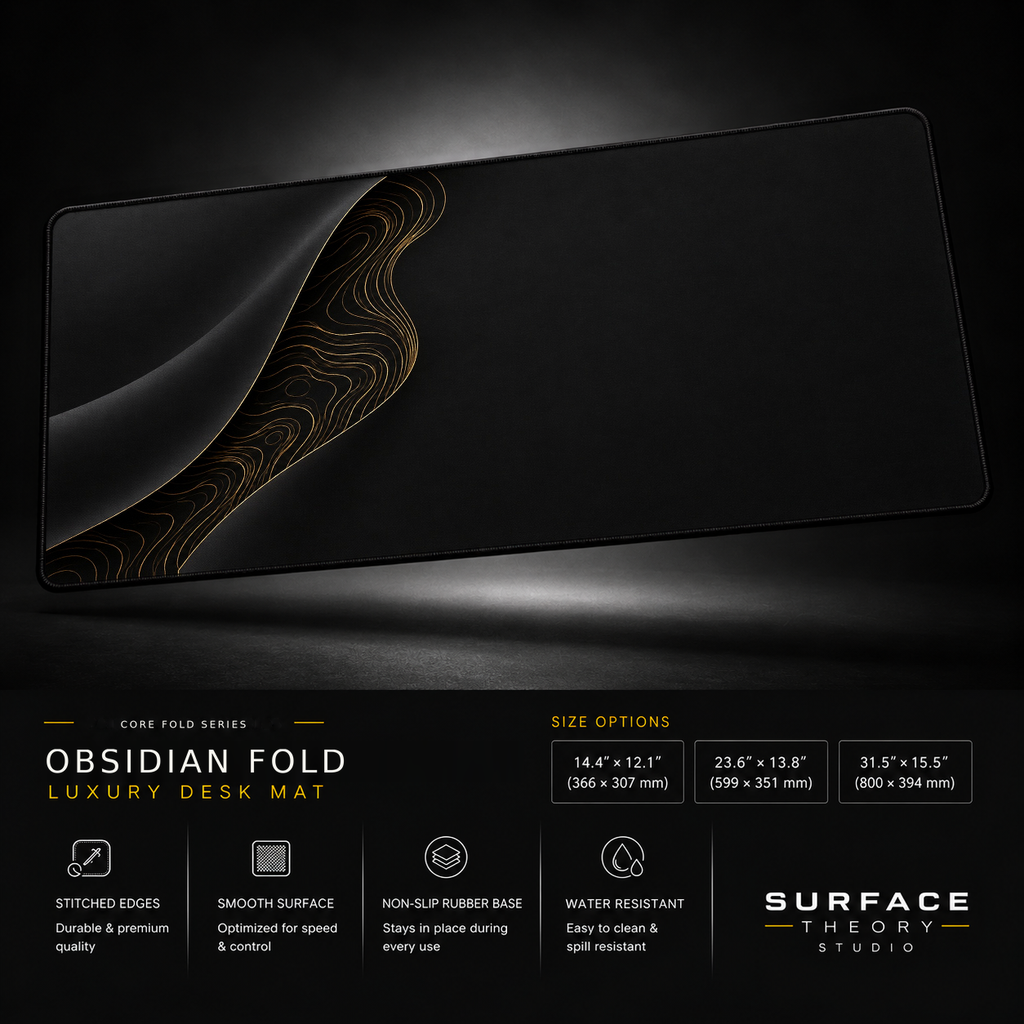 Obsidian Fold desk mat floating against a dark studio background.