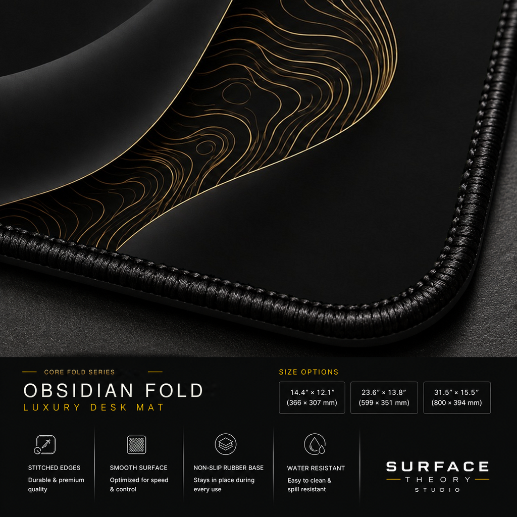 Close-up of Obsidian Fold printed artwork and black stitched corner.