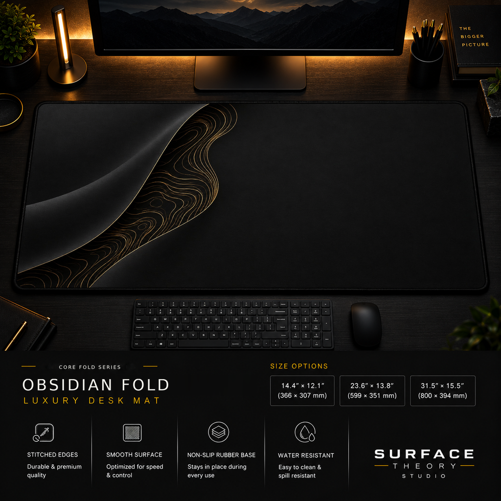 Obsidian Fold desk mat in a dark workstation with warm monitor lighting.