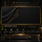 Obsidian Fold desk mat in a gold-toned showcase frame above a keyboard.