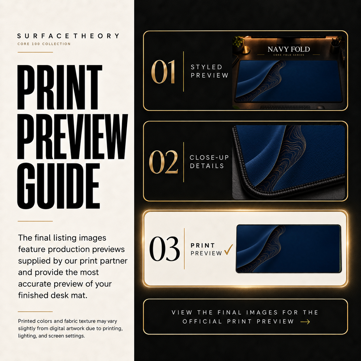 Navy Fold print preview guide comparing styled presentation, close-up and print reference.