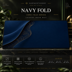Navy Fold desk mat on a studio display with size and product information.