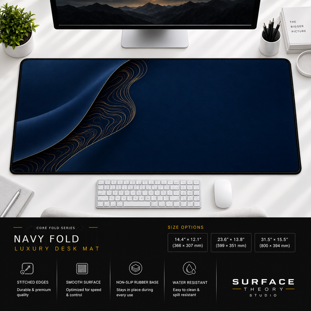 Navy Fold desk mat beneath a monitor on a bright desk with a white keyboard and mouse.
