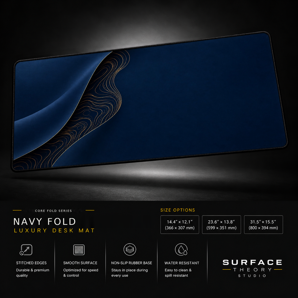 Navy Fold desk mat floating against a dark studio background.