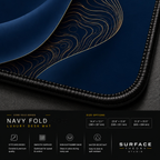 Close-up of Navy Fold printed artwork and black stitched corner.