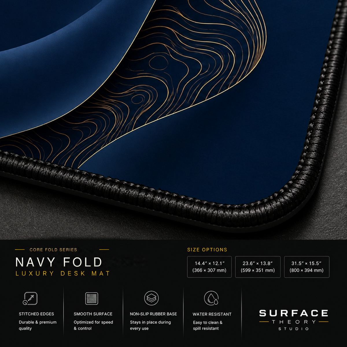 Close-up of Navy Fold printed artwork and black stitched corner.