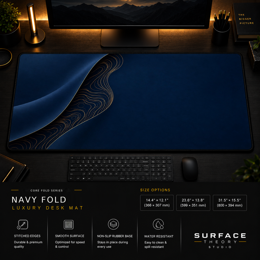 Navy Fold desk mat in a dark workstation with warm monitor lighting.