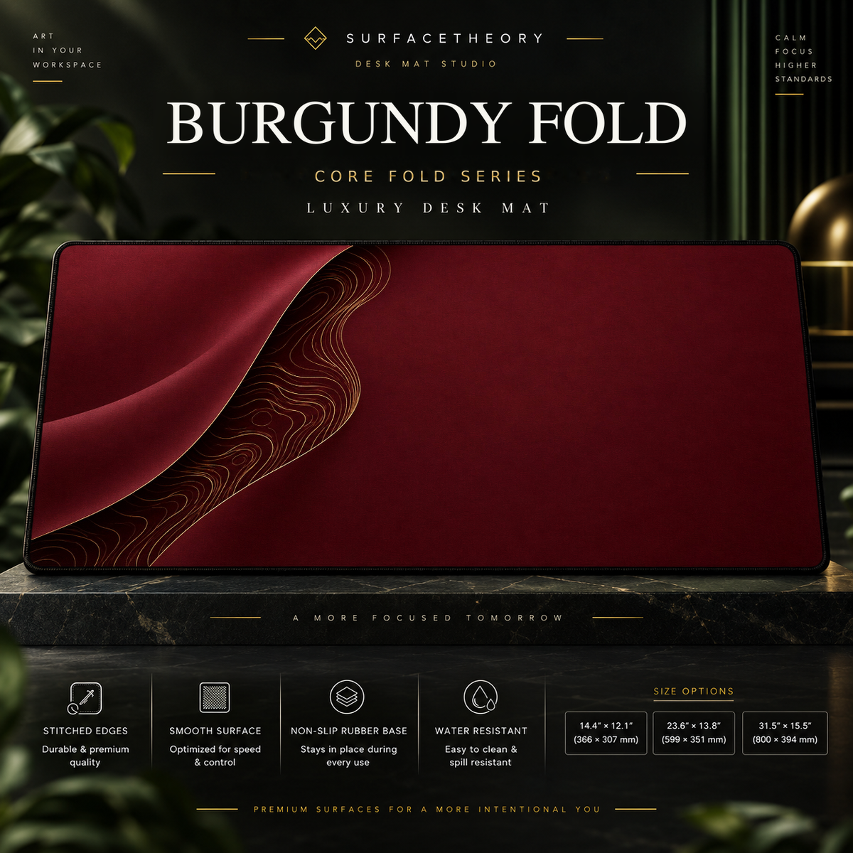 Burgundy Fold desk mat on a studio display with size and product information.