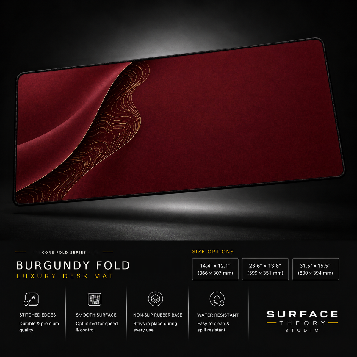 Burgundy Fold desk mat floating against a dark studio background.