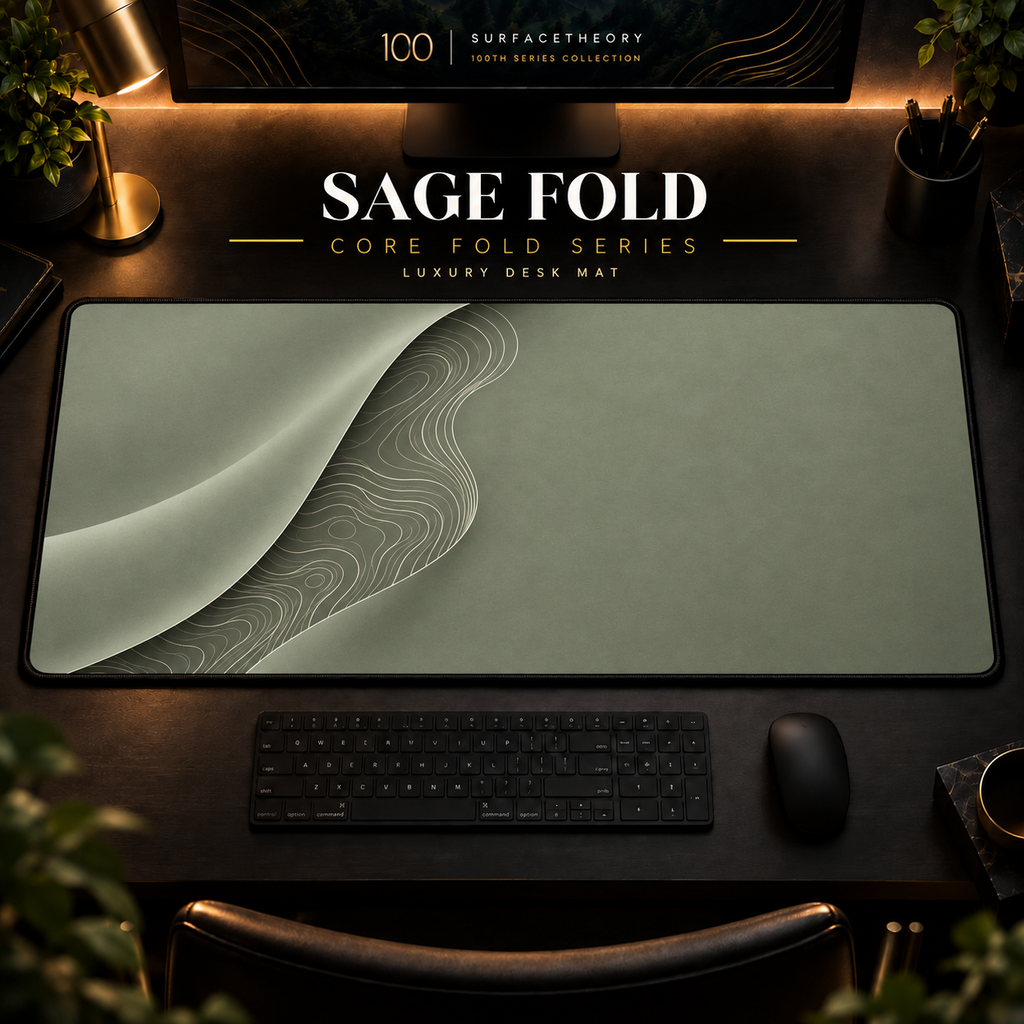 Sage Fold desk mat with a sweeping curve and fine contours along the left in a warm, dark workspace.