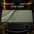 Sage Fold desk mat with a sweeping curve and fine contours along the left in a warm, dark workspace.