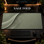 Sage Fold desk mat with a sweeping curve and fine contours along the left in a warm, dark workspace.