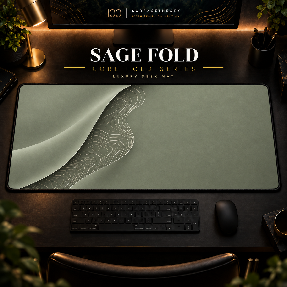 Sage Fold desk mat with a sweeping curve and fine contours along the left in a warm, dark workspace.