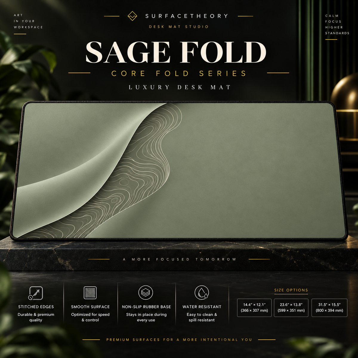 Sage Fold desk mat on a studio display with size and product information.