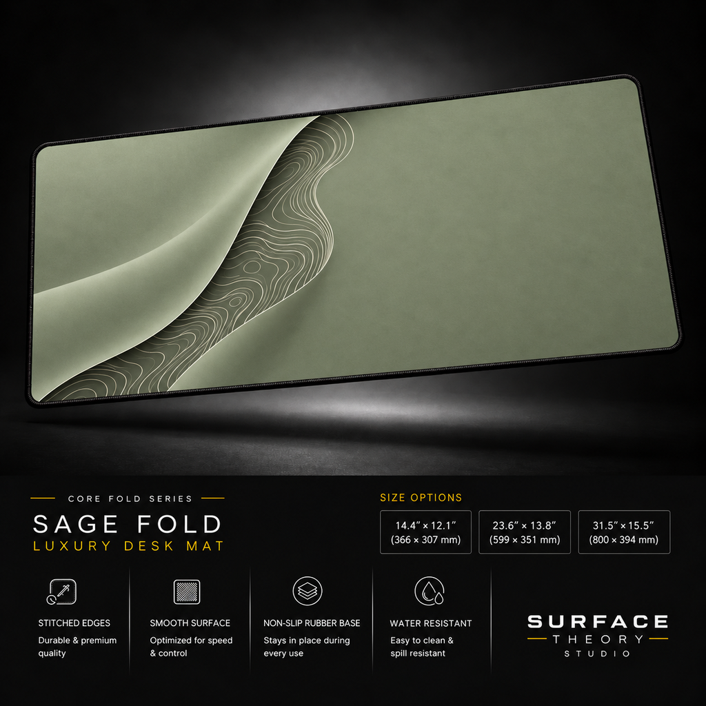 Sage Fold desk mat floating against a dark studio background.