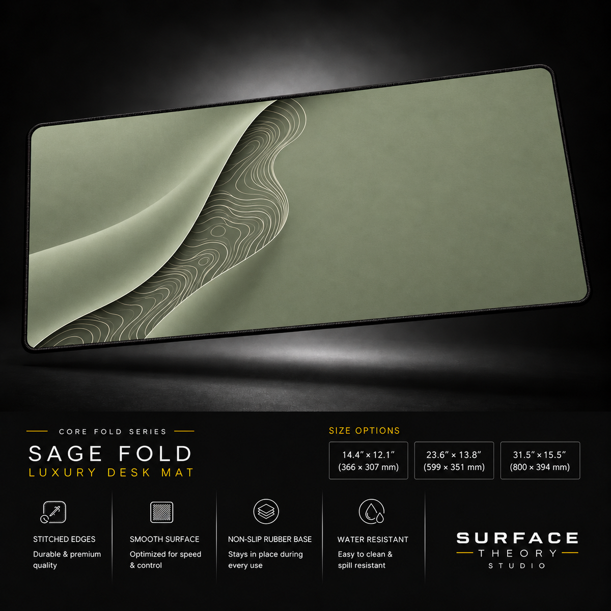 Sage Fold desk mat floating against a dark studio background.