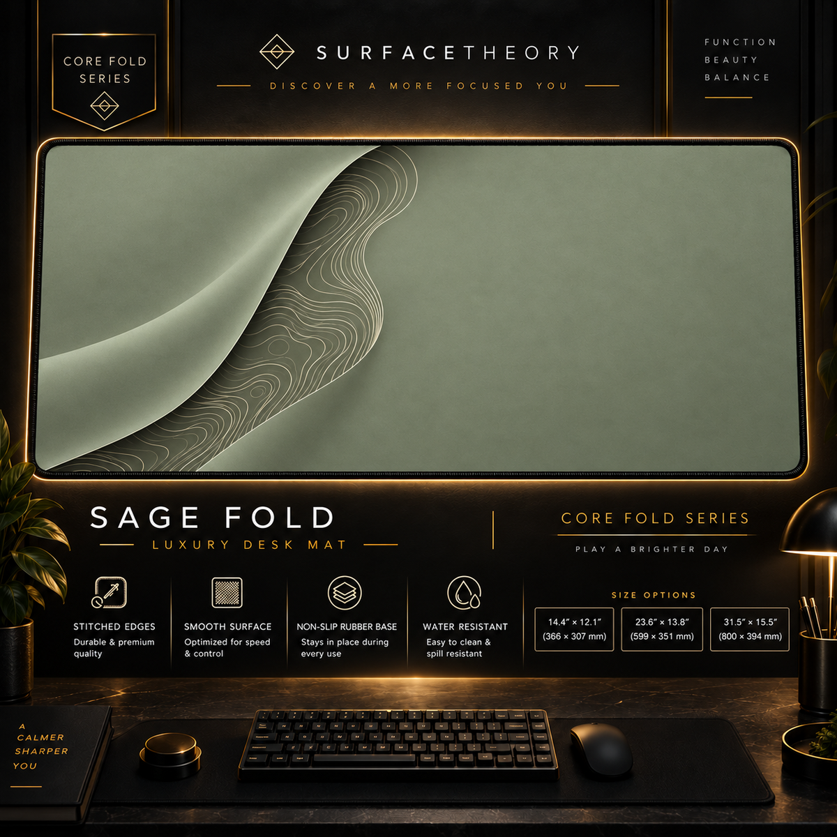 Sage Fold desk mat in a gold-toned showcase frame above a keyboard.