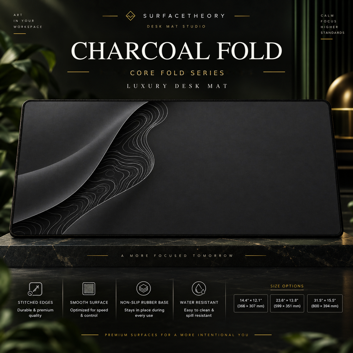 Charcoal Fold desk mat on a studio display with size and product information.