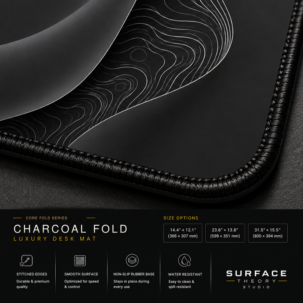 Close-up of Charcoal Fold printed artwork and black stitched corner.