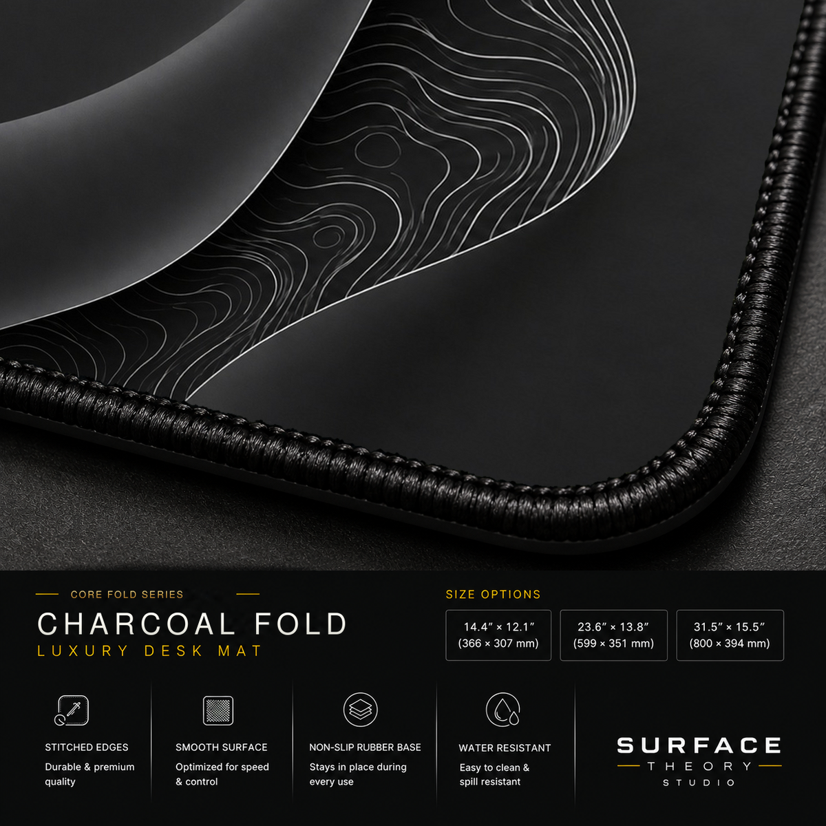 Close-up of Charcoal Fold printed artwork and black stitched corner.