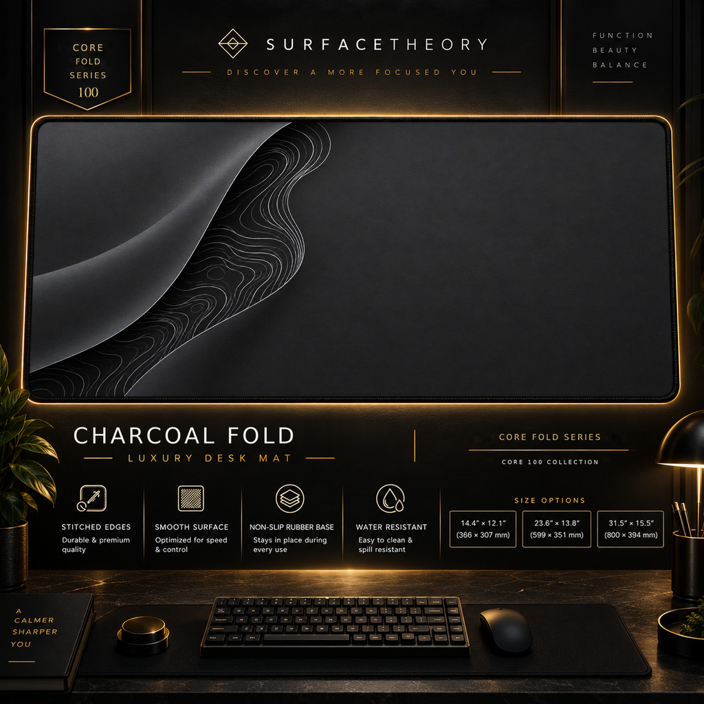 Charcoal Fold desk mat in a gold-toned showcase frame above a keyboard.