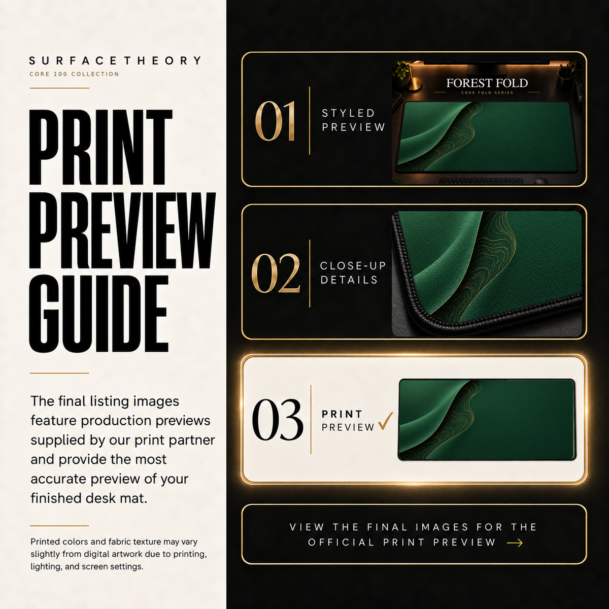 Forest Fold print preview guide comparing styled presentation, close-up and print reference.