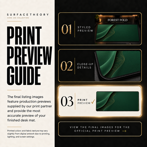 Forest Fold print preview guide comparing styled presentation, close-up and print reference.