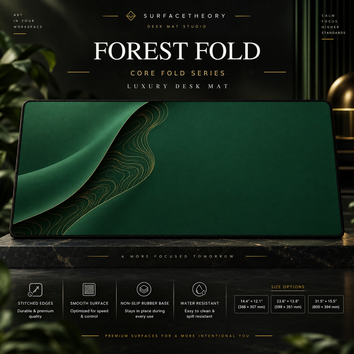 Forest Fold desk mat on a studio display with size and product information.