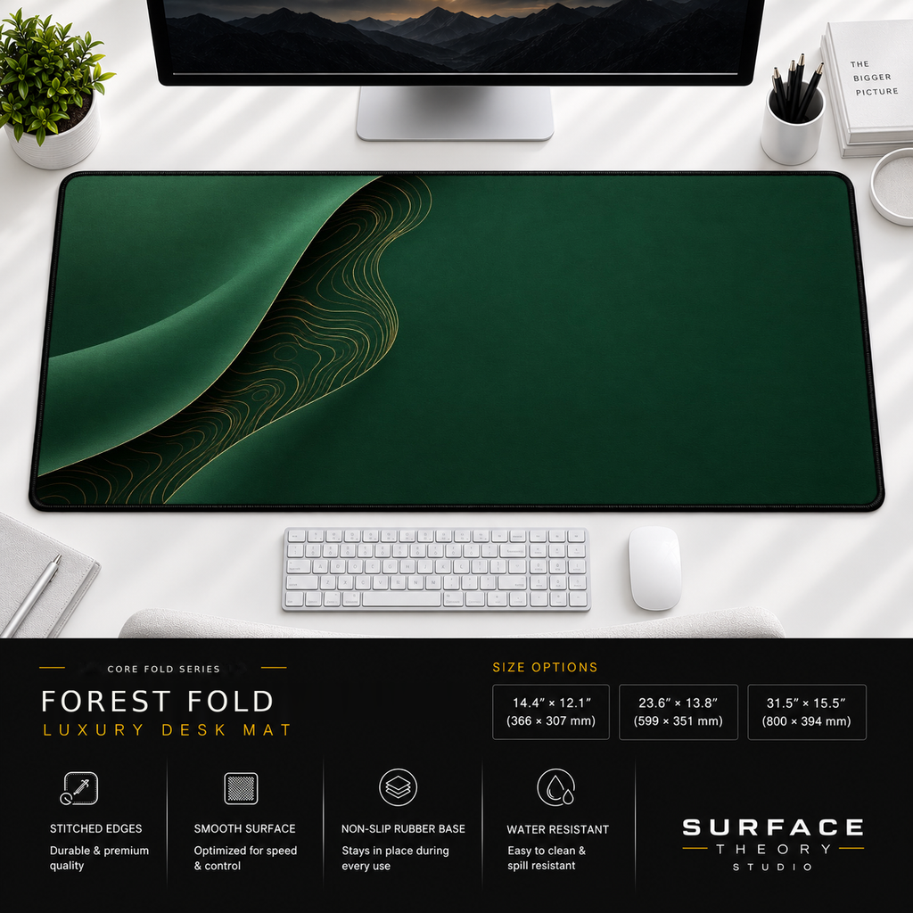 Forest Fold desk mat beneath a monitor on a bright desk with a white keyboard and mouse.
