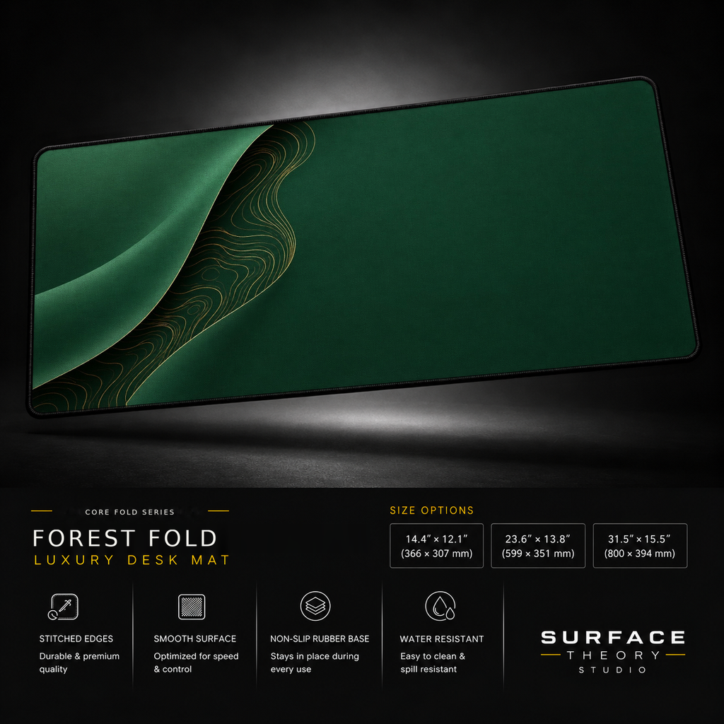 Forest Fold desk mat floating against a dark studio background.