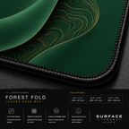 Close-up of Forest Fold printed artwork and black stitched corner.
