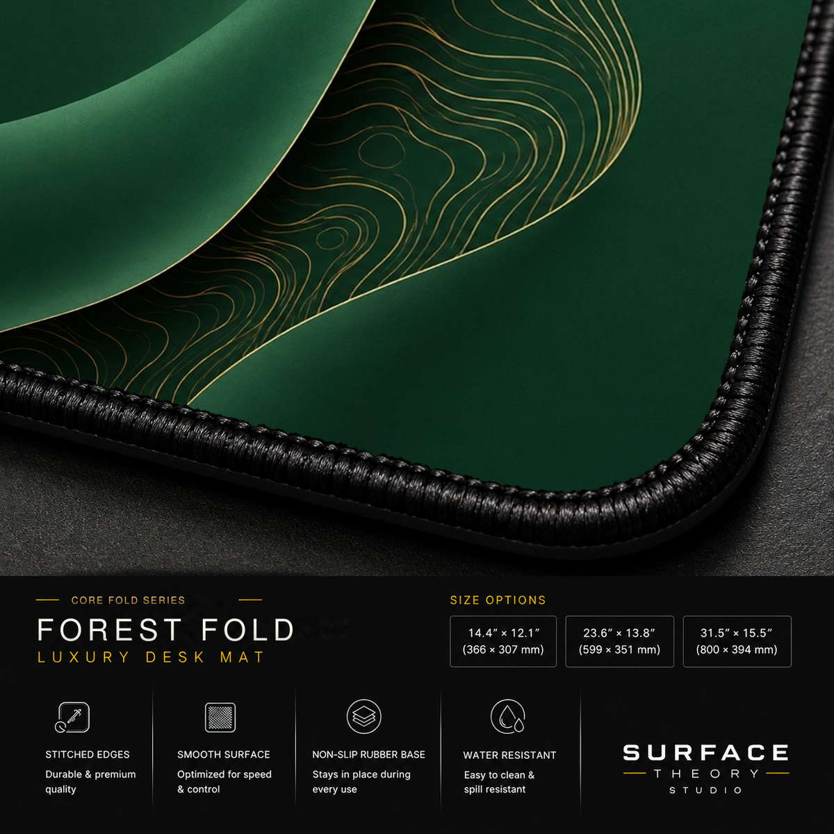 Close-up of Forest Fold printed artwork and black stitched corner.