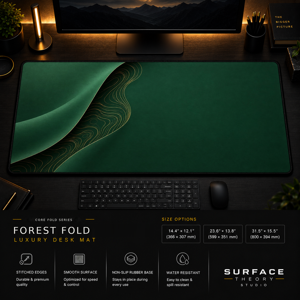 Forest Fold desk mat in a dark workstation with warm monitor lighting.