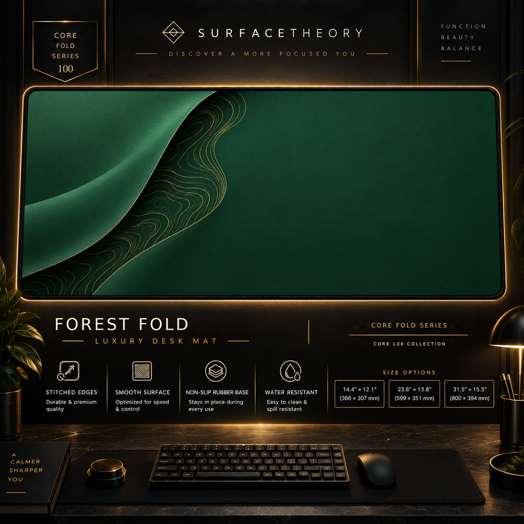 Forest Fold desk mat in a gold-toned showcase frame above a keyboard.