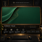 Forest Fold desk mat in a gold-toned showcase frame above a keyboard.