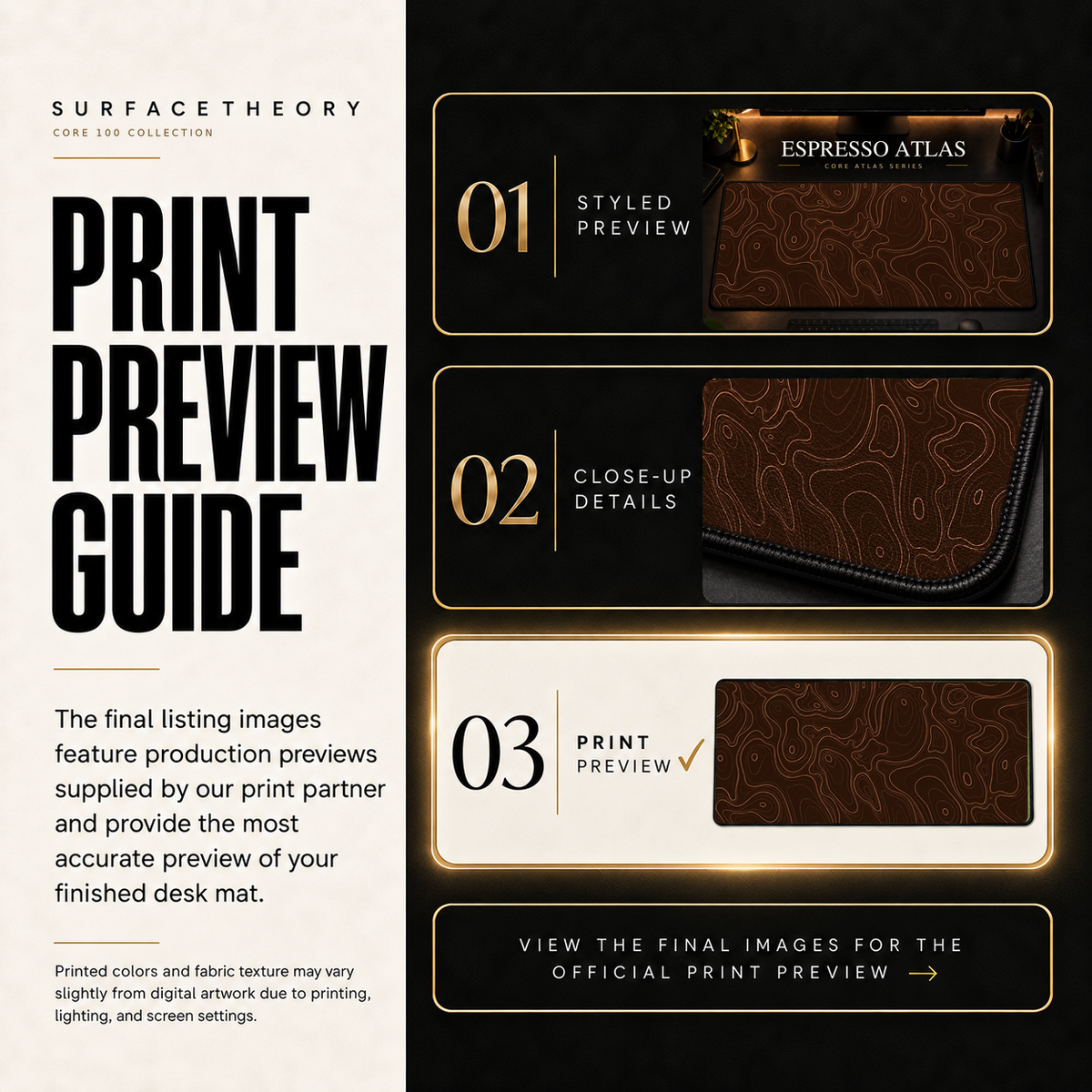 Espresso Atlas print preview guide comparing styled presentation, close-up and print reference.