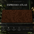 Espresso Atlas desk mat on a studio display with size and product information.