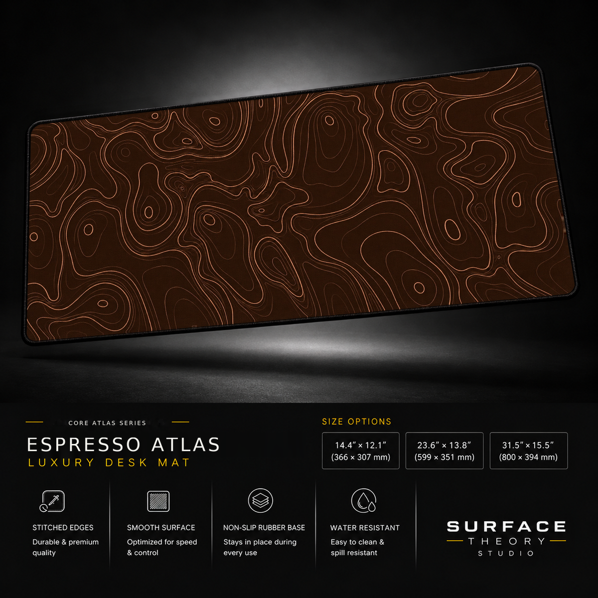 Espresso Atlas desk mat floating against a dark studio background.